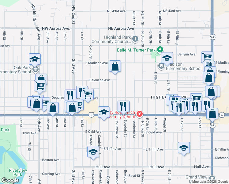 map of restaurants, bars, coffee shops, grocery stores, and more near 3645 Columbia Street in Des Moines