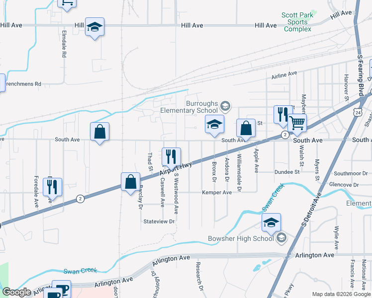 map of restaurants, bars, coffee shops, grocery stores, and more near 2524 Airport Highway in Toledo