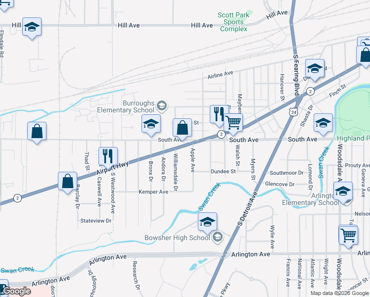 map of restaurants, bars, coffee shops, grocery stores, and more near 541 Williamsdale Drive in Toledo
