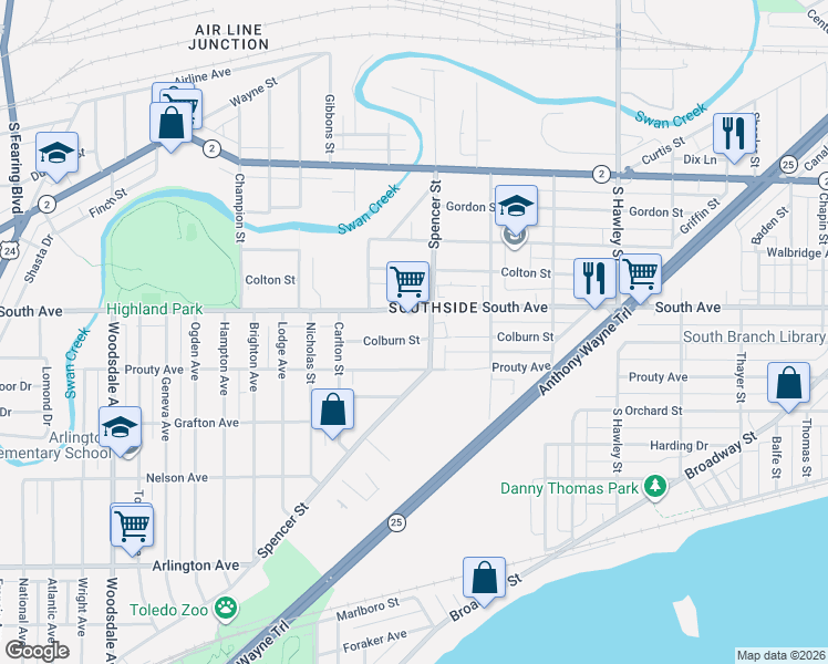 map of restaurants, bars, coffee shops, grocery stores, and more near 1417 Colburn Street in Toledo