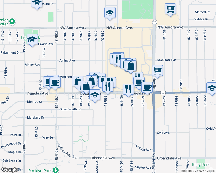 map of restaurants, bars, coffee shops, grocery stores, and more near 6313 Douglas Avenue in Urbandale