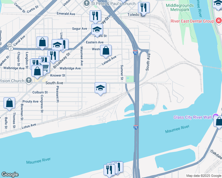 map of restaurants, bars, coffee shops, grocery stores, and more near 17 Banks Street in Toledo