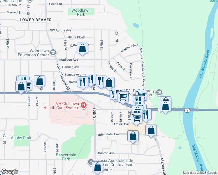 map of restaurants, bars, coffee shops, grocery stores, and more near 2829 Douglas Avenue in Des Moines