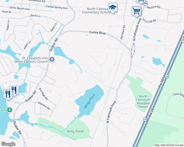 map of restaurants, bars, coffee shops, grocery stores, and more near 18-26 Gray Rocks West Road in Falmouth