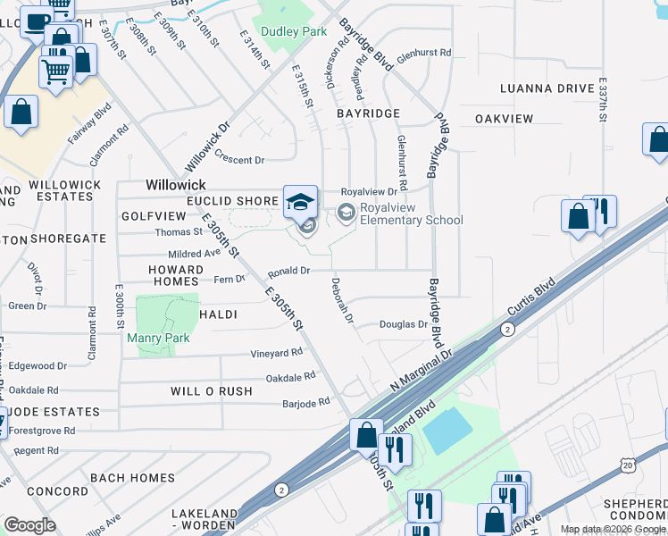 map of restaurants, bars, coffee shops, grocery stores, and more near 809 Deborah Drive in Willowick