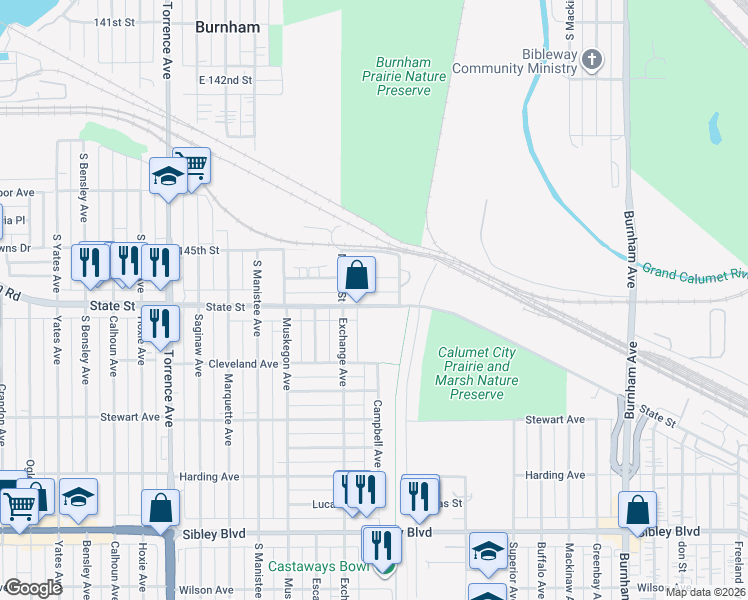 map of restaurants, bars, coffee shops, grocery stores, and more near 2750 State Street in Burnham