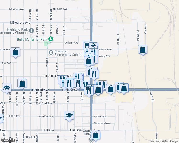 map of restaurants, bars, coffee shops, grocery stores, and more near 1343 East Douglas Avenue in Des Moines