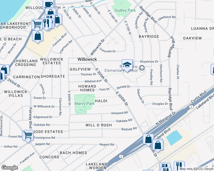 map of restaurants, bars, coffee shops, grocery stores, and more near 636 East 305th Street in Willowick