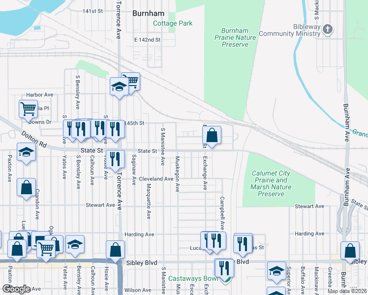 map of restaurants, bars, coffee shops, grocery stores, and more near 276 Escanaba Avenue in Calumet City