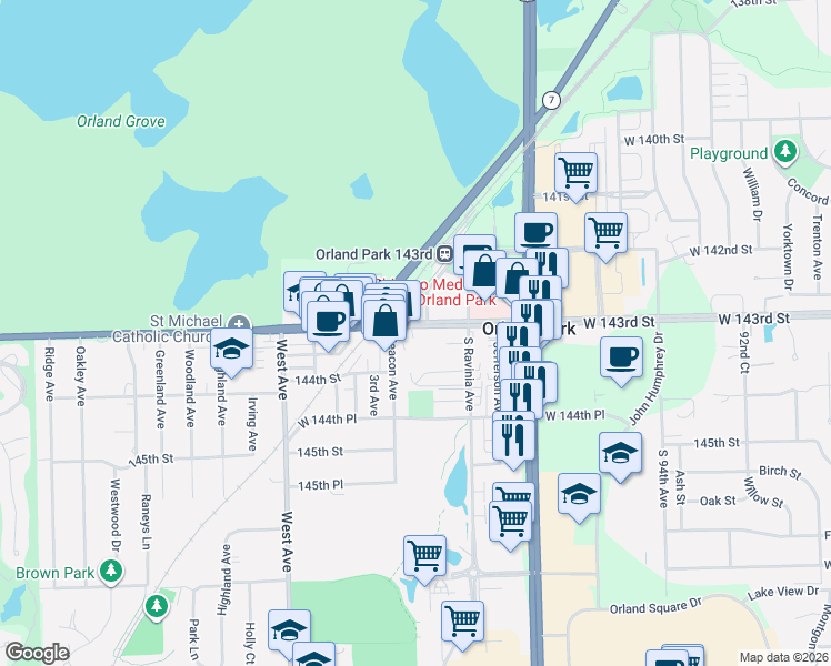 map of restaurants, bars, coffee shops, grocery stores, and more near 9744 Ravinia Lane in Orland Park