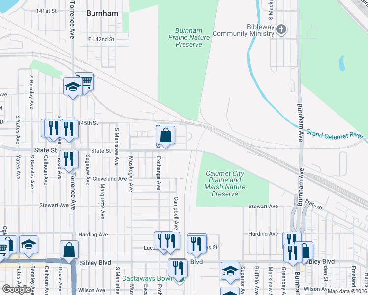 map of restaurants, bars, coffee shops, grocery stores, and more near 310 Wabash Avenue in Calumet City