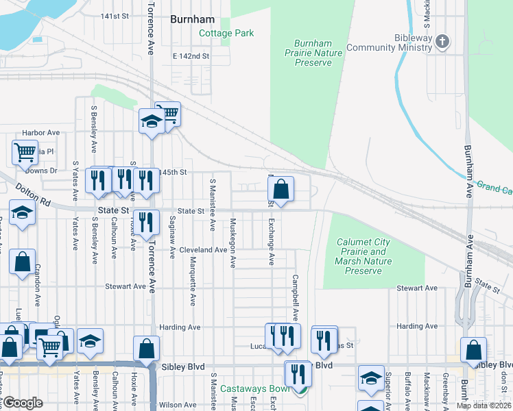 map of restaurants, bars, coffee shops, grocery stores, and more near 276 Exchange Avenue in Calumet City