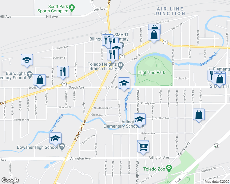 map of restaurants, bars, coffee shops, grocery stores, and more near 516 Lynnhaven Drive in Toledo