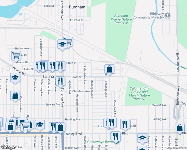 map of restaurants, bars, coffee shops, grocery stores, and more near 276 Escanaba Avenue in Calumet City
