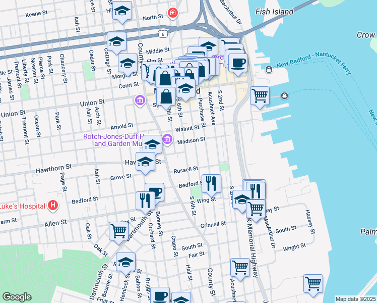 map of restaurants, bars, coffee shops, grocery stores, and more near 277 Pleasant Street in New Bedford