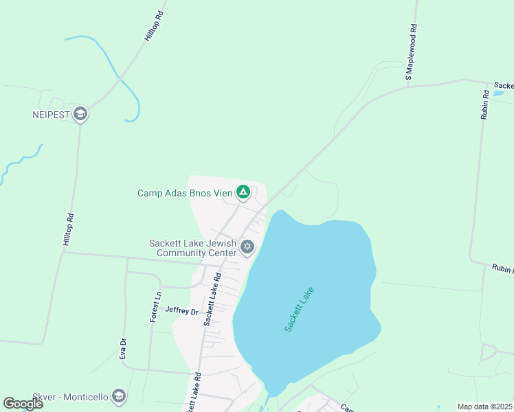 map of restaurants, bars, coffee shops, grocery stores, and more near 409 Sackett Lake Road in Monticello