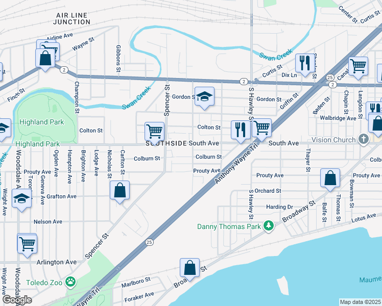 map of restaurants, bars, coffee shops, grocery stores, and more near 544 Hiett Avenue in Toledo