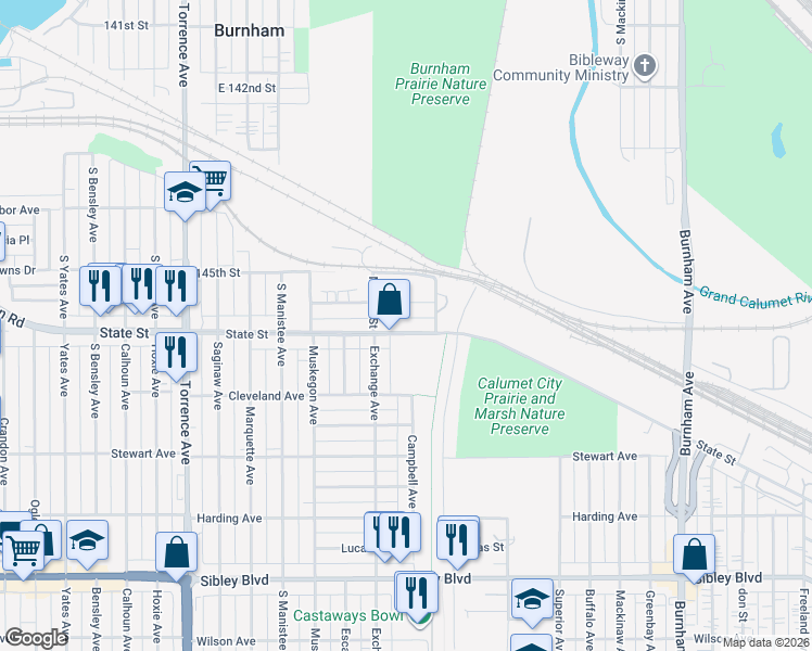 map of restaurants, bars, coffee shops, grocery stores, and more near 287 Campbell Avenue in Calumet City
