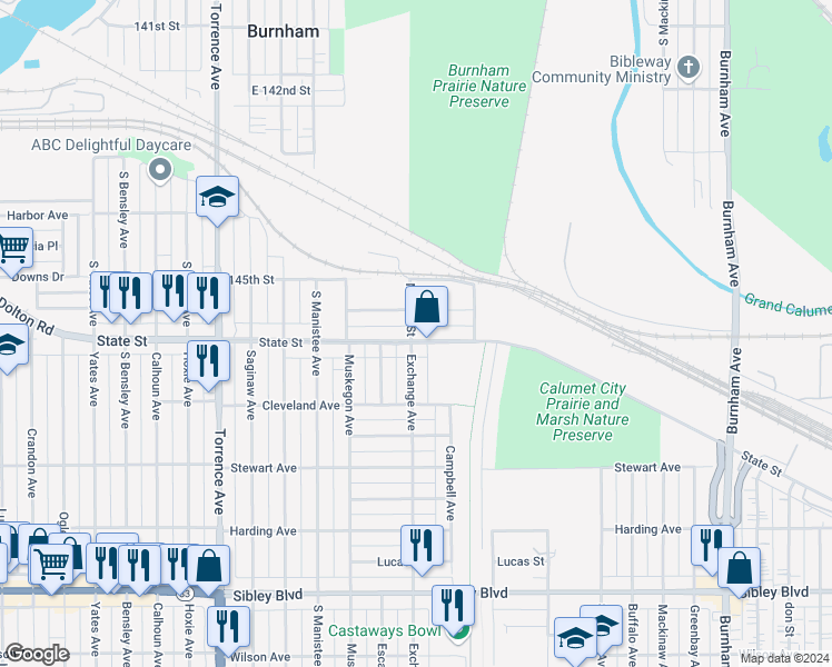 map of restaurants, bars, coffee shops, grocery stores, and more near 276 Exchange Avenue in Calumet City