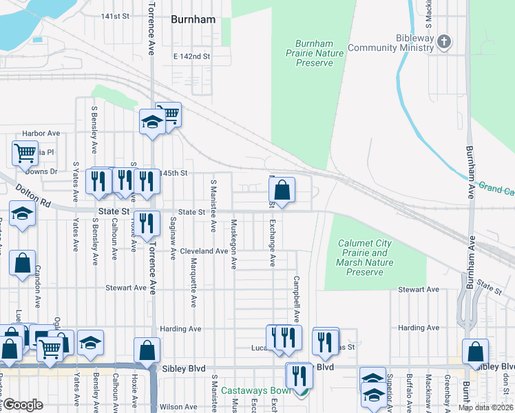 map of restaurants, bars, coffee shops, grocery stores, and more near 276 Exchange Avenue in Calumet City