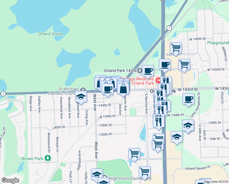 map of restaurants, bars, coffee shops, grocery stores, and more near 9913 143rd Place in Orland Park