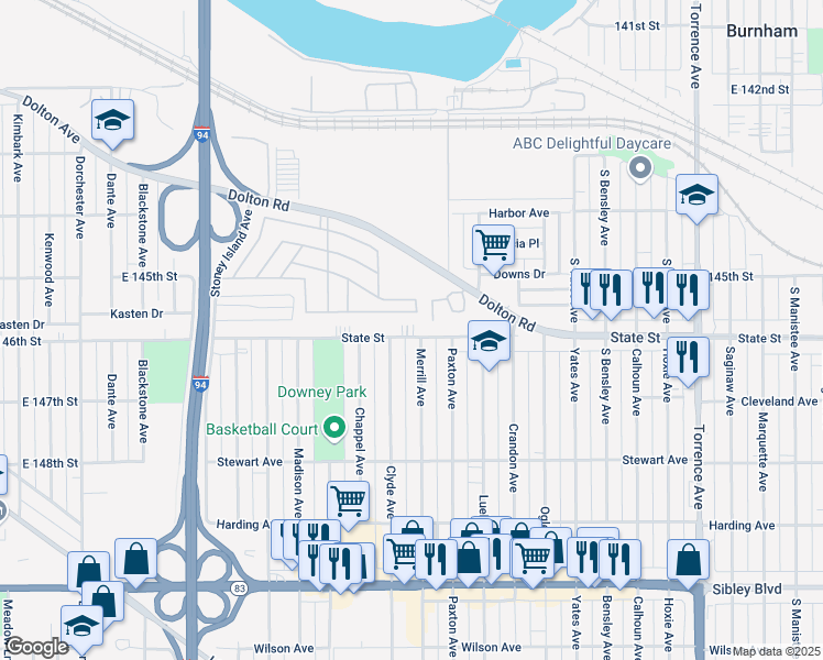map of restaurants, bars, coffee shops, grocery stores, and more near 1850 State Street in Calumet City
