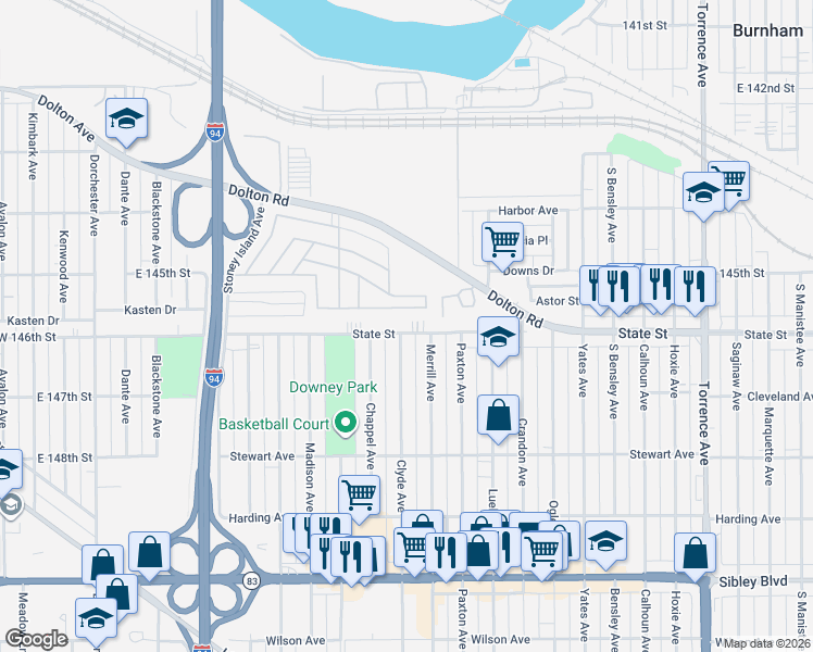 map of restaurants, bars, coffee shops, grocery stores, and more near 274 Clyde Avenue in Calumet City