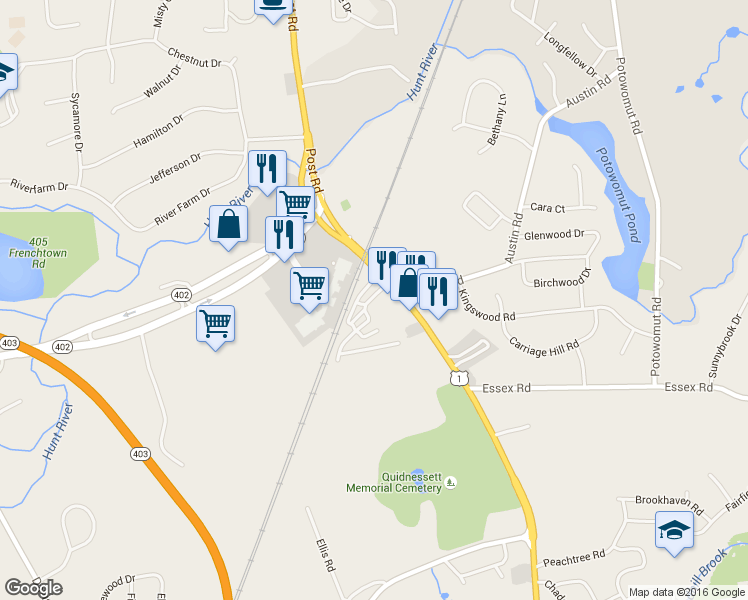 map of restaurants, bars, coffee shops, grocery stores, and more near 1601 Post Rd in North Kingstown