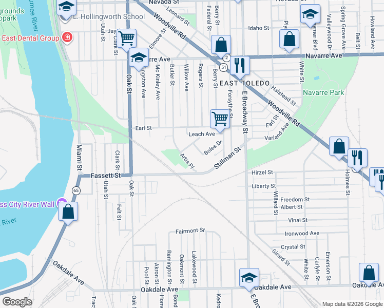 map of restaurants, bars, coffee shops, grocery stores, and more near 601 Fassett Street in Toledo