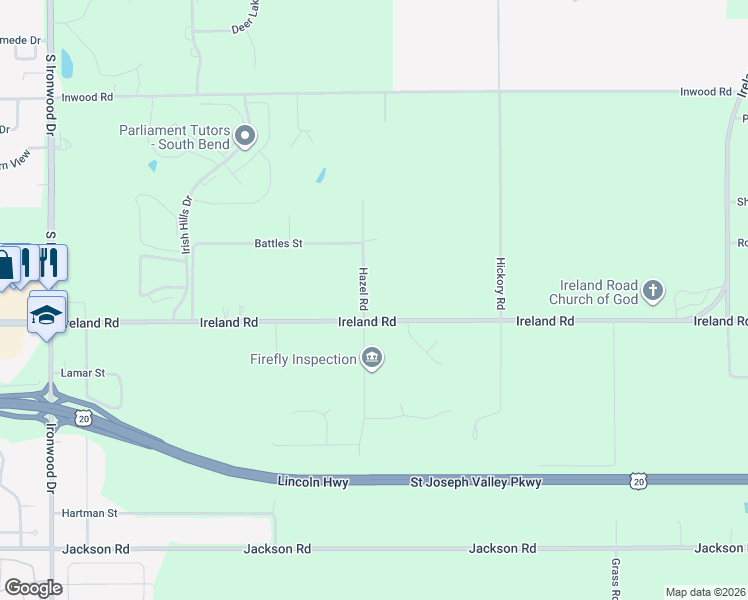 map of restaurants, bars, coffee shops, grocery stores, and more near 17202-17302 Ireland Rd in South Bend