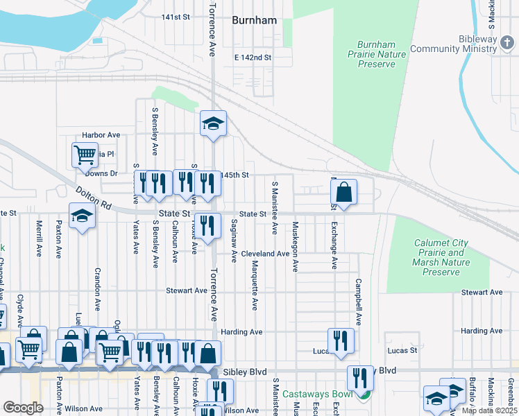 map of restaurants, bars, coffee shops, grocery stores, and more near 277 Marquette Avenue in Calumet City