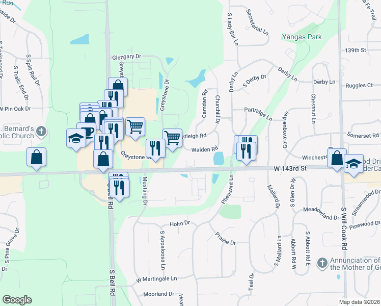 map of restaurants, bars, coffee shops, grocery stores, and more near 12502 Orland Park Road in Homer Glen