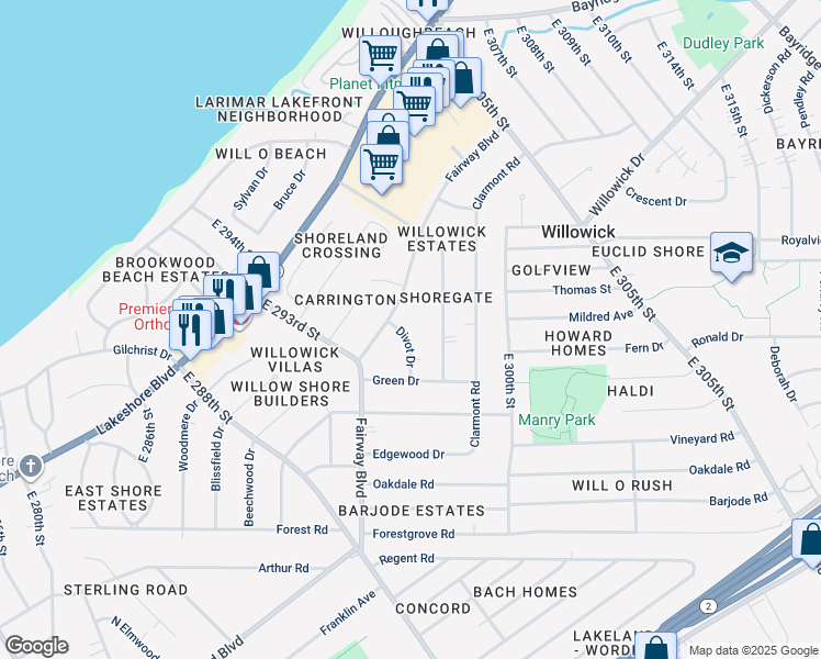 map of restaurants, bars, coffee shops, grocery stores, and more near 381 Divot Drive in Willowick