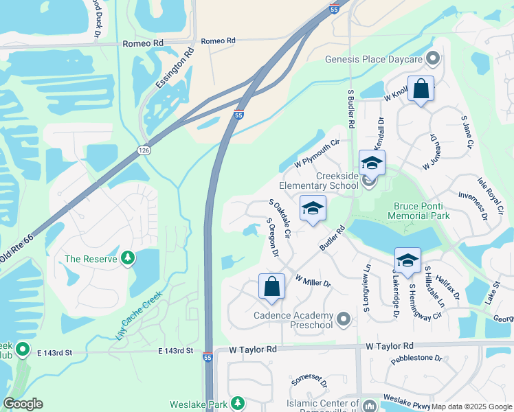 map of restaurants, bars, coffee shops, grocery stores, and more near 13940 South Oakdale Circle in Plainfield