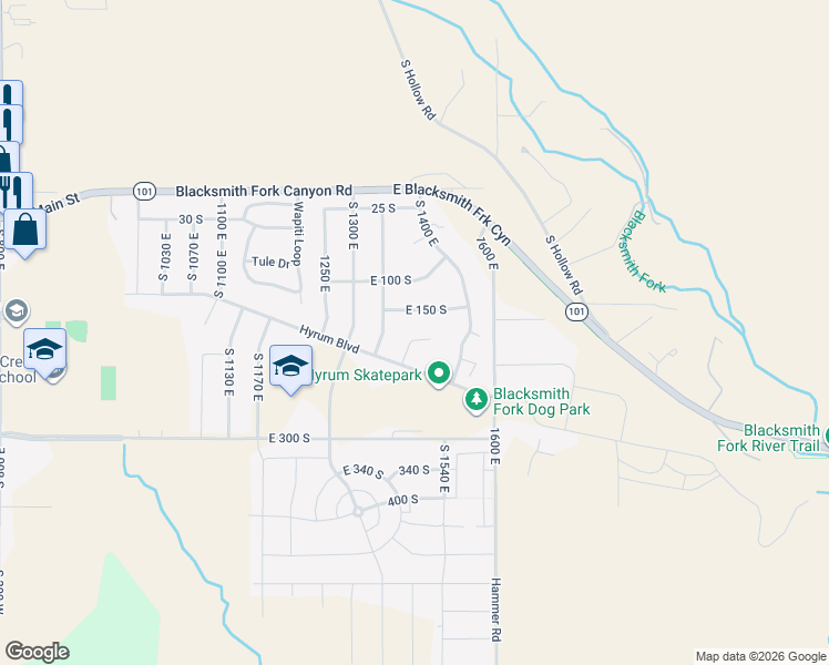 map of restaurants, bars, coffee shops, grocery stores, and more near 204 South 1380 East in Hyrum