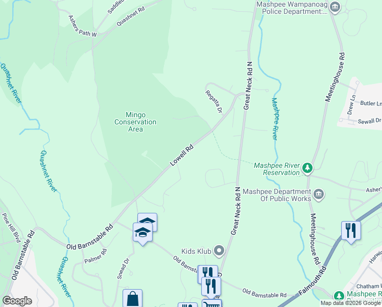 map of restaurants, bars, coffee shops, grocery stores, and more near 94 Lowell Road in Mashpee