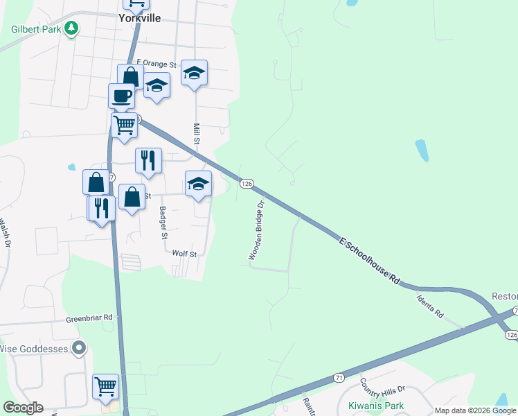 map of restaurants, bars, coffee shops, grocery stores, and more near 8 Wooden Bridge Drive in Yorkville