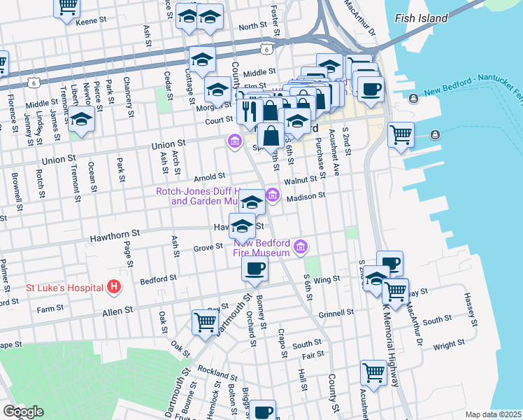 map of restaurants, bars, coffee shops, grocery stores, and more near 400 County Street in New Bedford