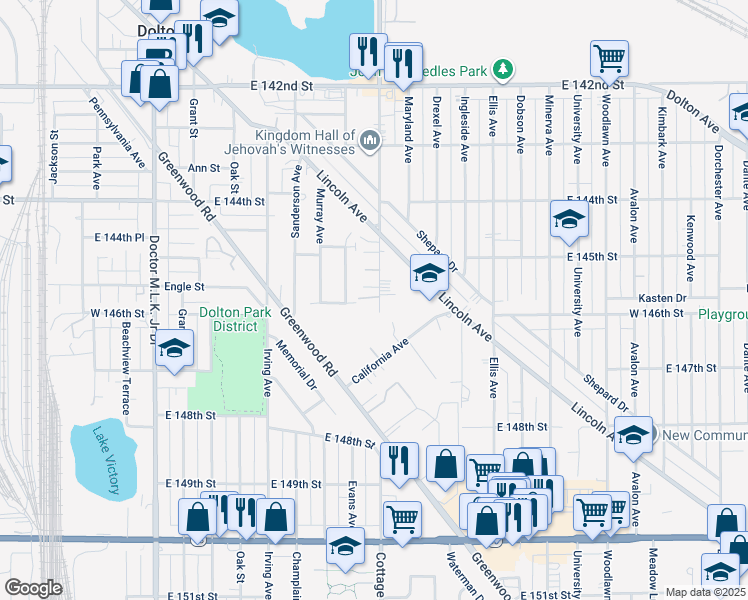 map of restaurants, bars, coffee shops, grocery stores, and more near 14516 Cottage Grove Avenue in Dolton