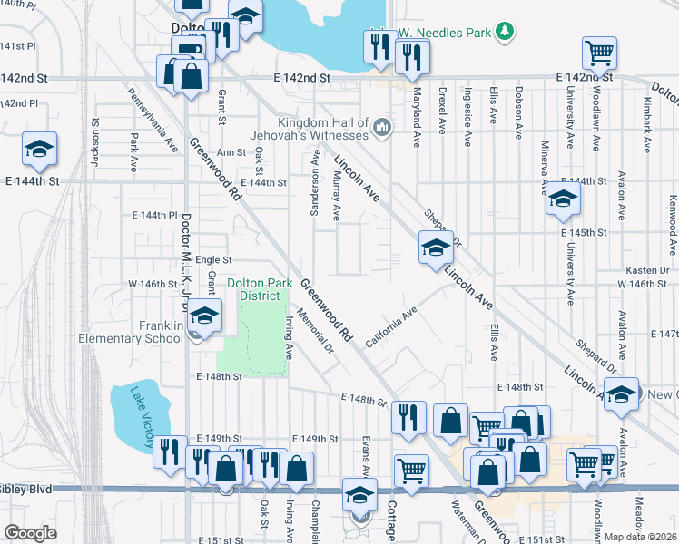 map of restaurants, bars, coffee shops, grocery stores, and more near 14519 Murray Avenue in Dolton