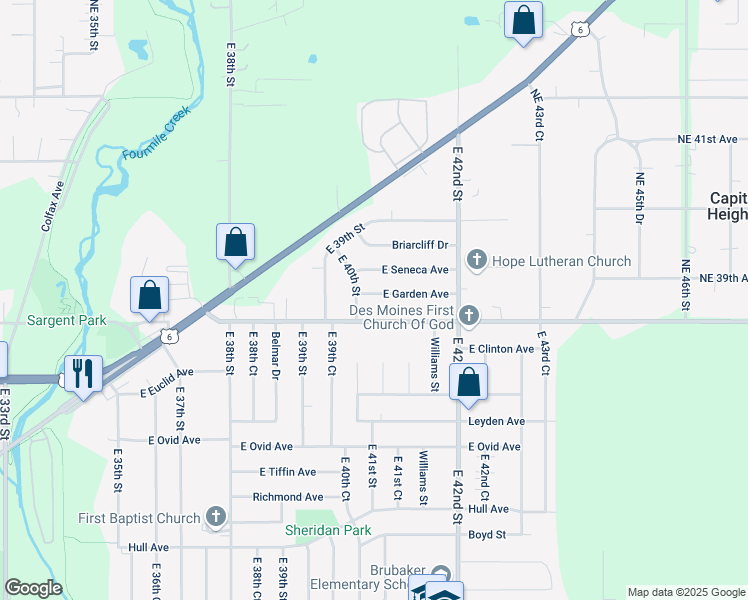 map of restaurants, bars, coffee shops, grocery stores, and more near 4019 East Seneca Avenue in Des Moines