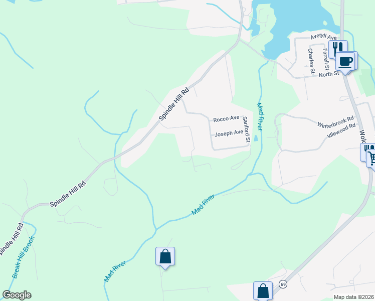 map of restaurants, bars, coffee shops, grocery stores, and more near 56 Wihbey Drive in Wolcott