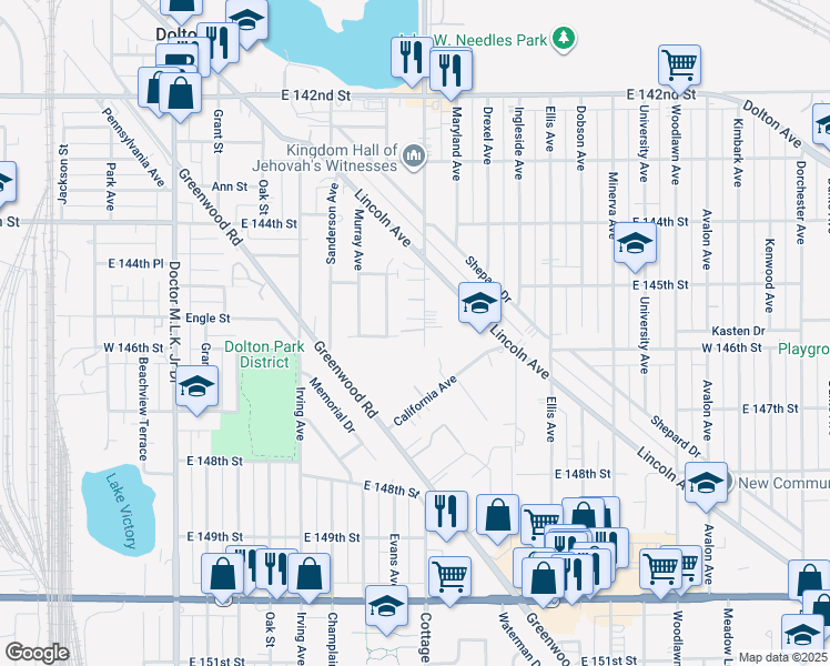 map of restaurants, bars, coffee shops, grocery stores, and more near 14538 Cottage Grove Avenue in Dolton