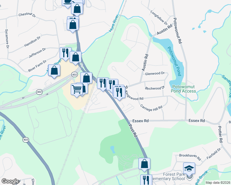 map of restaurants, bars, coffee shops, grocery stores, and more near 22 Austin Road in North Kingstown