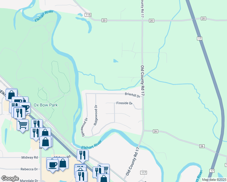 map of restaurants, bars, coffee shops, grocery stores, and more near 59281 Old County Road 17 in Goshen