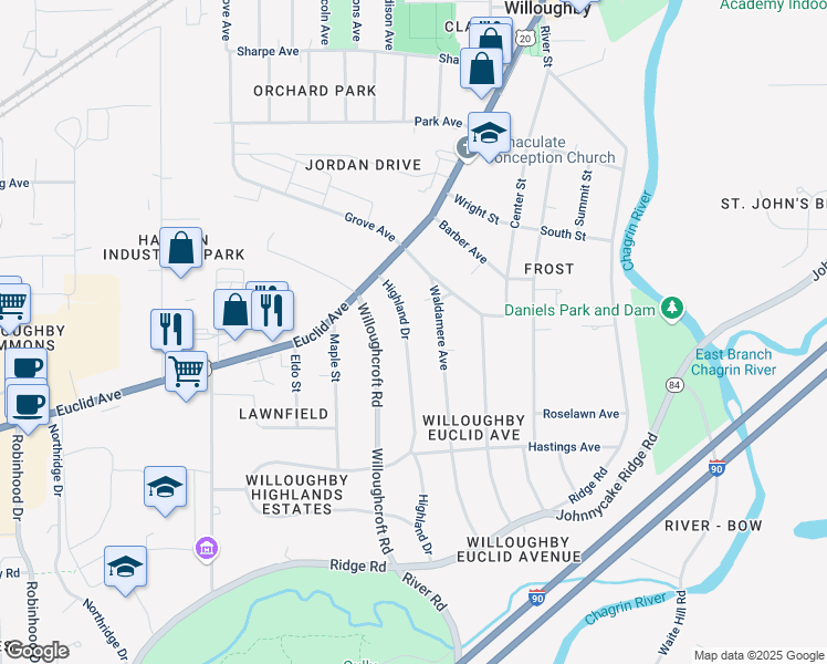 map of restaurants, bars, coffee shops, grocery stores, and more near 4628 Waldamere Avenue in Willoughby