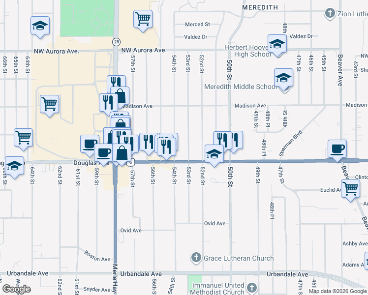 map of restaurants, bars, coffee shops, grocery stores, and more near 3848 53rd Street in Des Moines