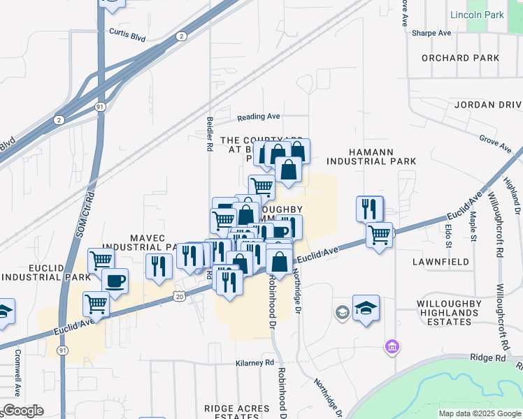 map of restaurants, bars, coffee shops, grocery stores, and more near 36475 Euclid Avenue in Willoughby