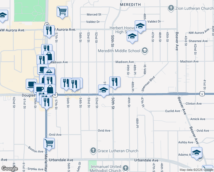 map of restaurants, bars, coffee shops, grocery stores, and more near 3841 51st Street in Des Moines