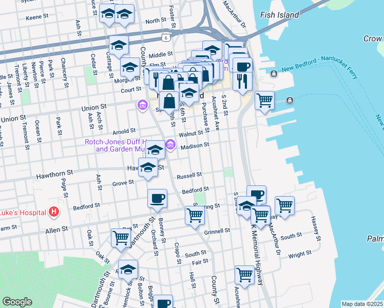 map of restaurants, bars, coffee shops, grocery stores, and more near in New Bedford